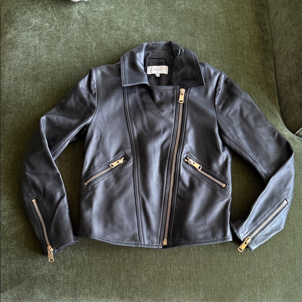 Reiss Black Leather Jacket with Gold Accents